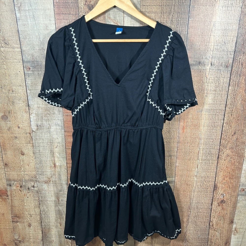 Old Navy Black Embroidered Babydoll Dress Medium Boho Cottagecore Mini